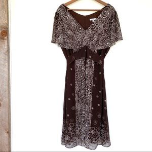 dressbarn Brown and White Midi Dress with Circular Print
